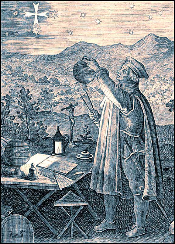 Américo Vespucio midiendo la posición usando como referencia la Cruz en un grabado de la época