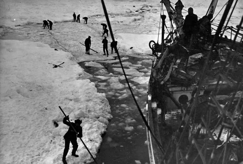 Una de las más extraordinarias historias de supervivencia en los mares australes. La tripulación del Endurance al mando de Ernest Shackleton intentando abrirse camino en los hielos de la antártida.