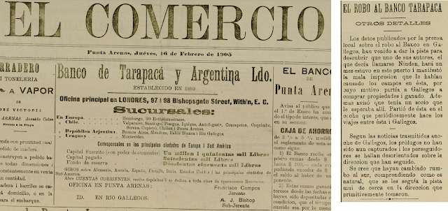 Ejemplar del diario El Comercio de Punta Arenas, de febrero de 1906, donde se anuncia el robo al Banco de Tarapacá y Argentina Limitado (derecha). Una página antes aparece una publicidad del mismo banco (izquierda). Fuente: Diario El Comercio, Biblioteca Digital de la Patagonia.
